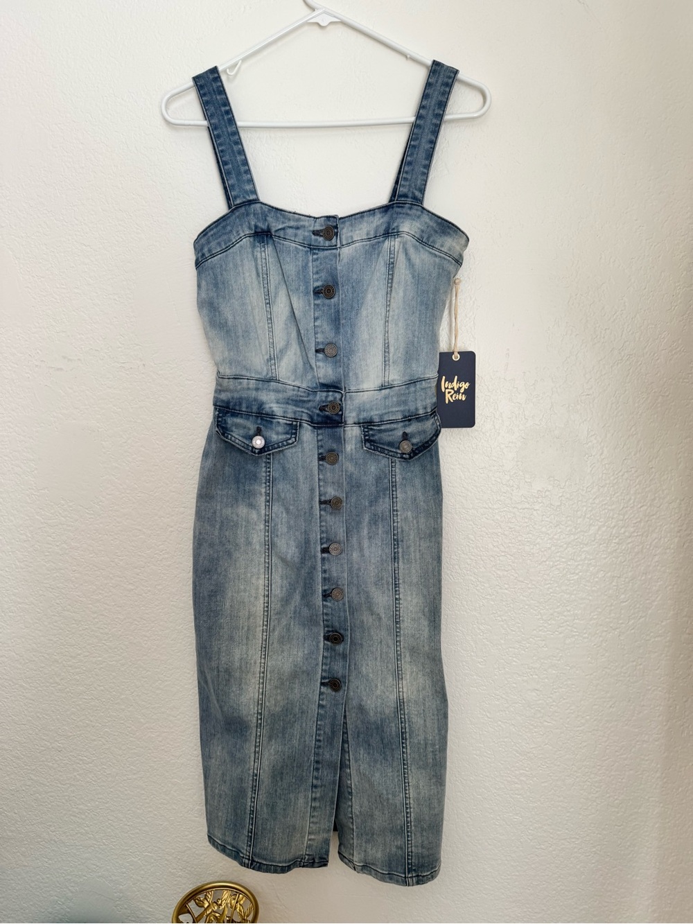 Indigo Rein Washed Blue Denim Button-Front Midi Dress